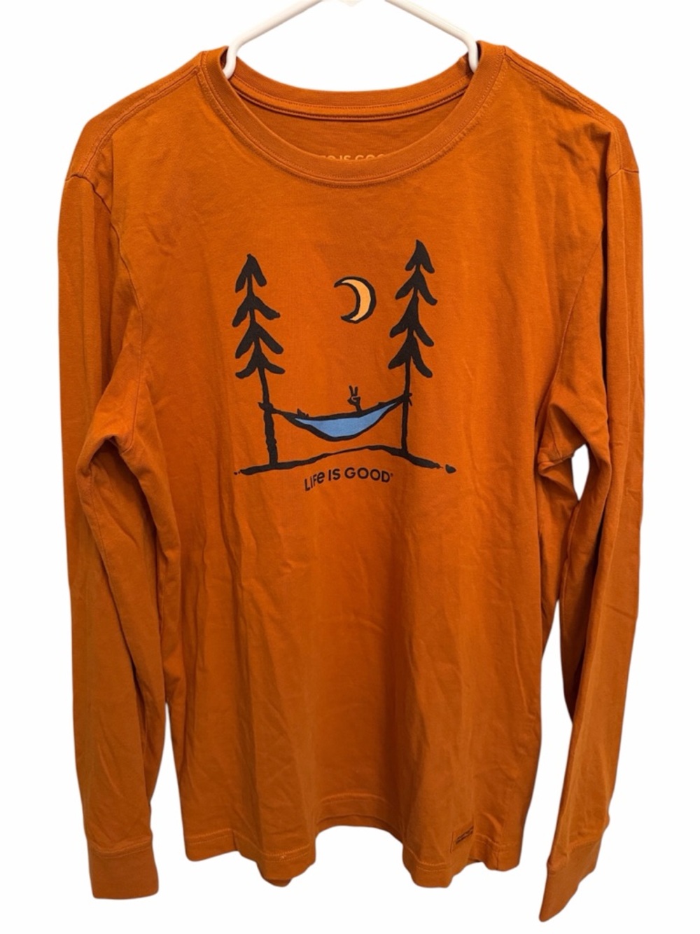 Life Is Good Orange Long Sleeve Tee with Hammock Graphic. Size Small